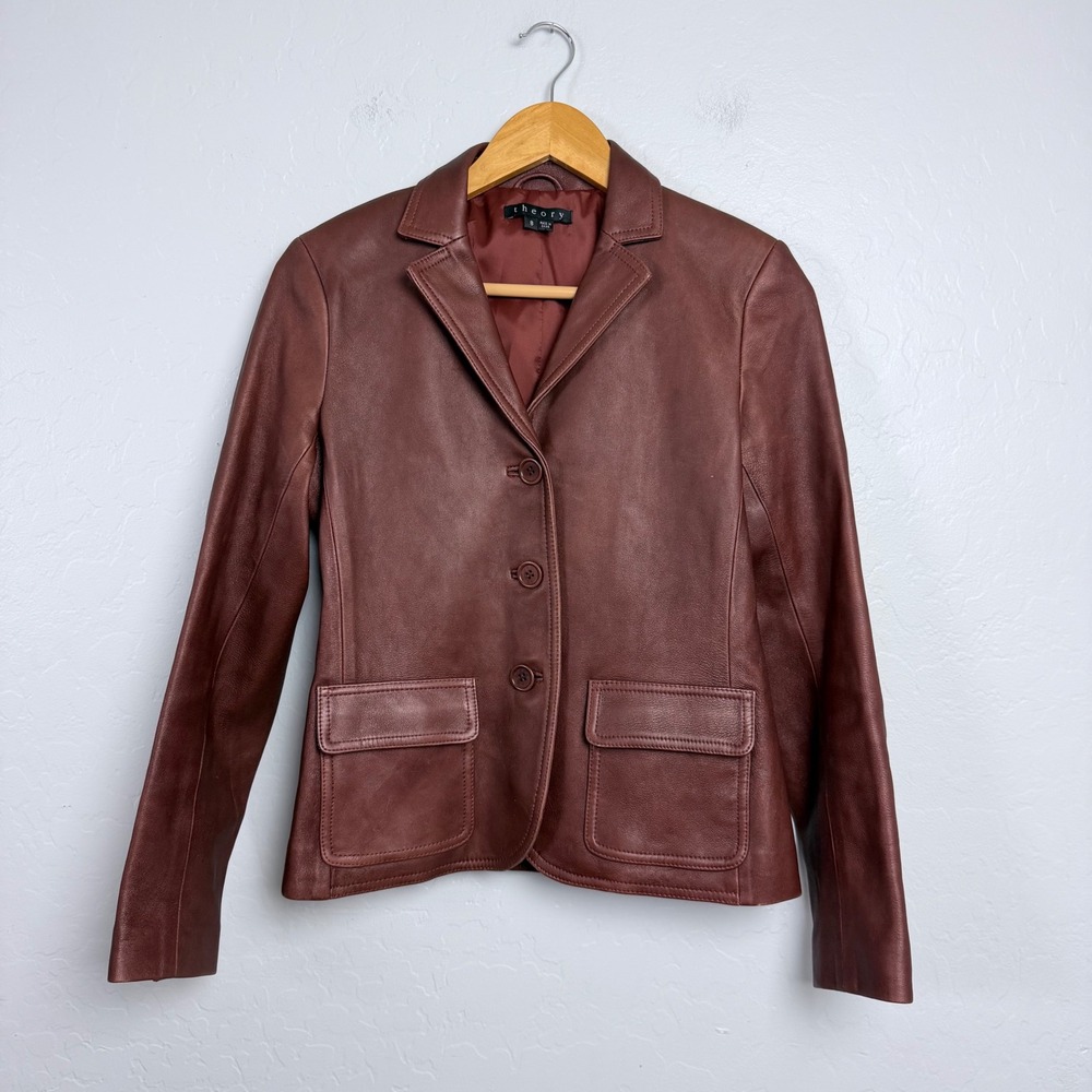 Theory Womens Brown Leather Blazer Jacket Size 8 Flap Pockets 3 button FLAW